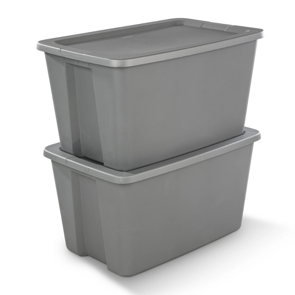 Sterilite 30 Gal Stackable Plastic Storage Bin Tote, Gray Latching Lid, 6 Pack