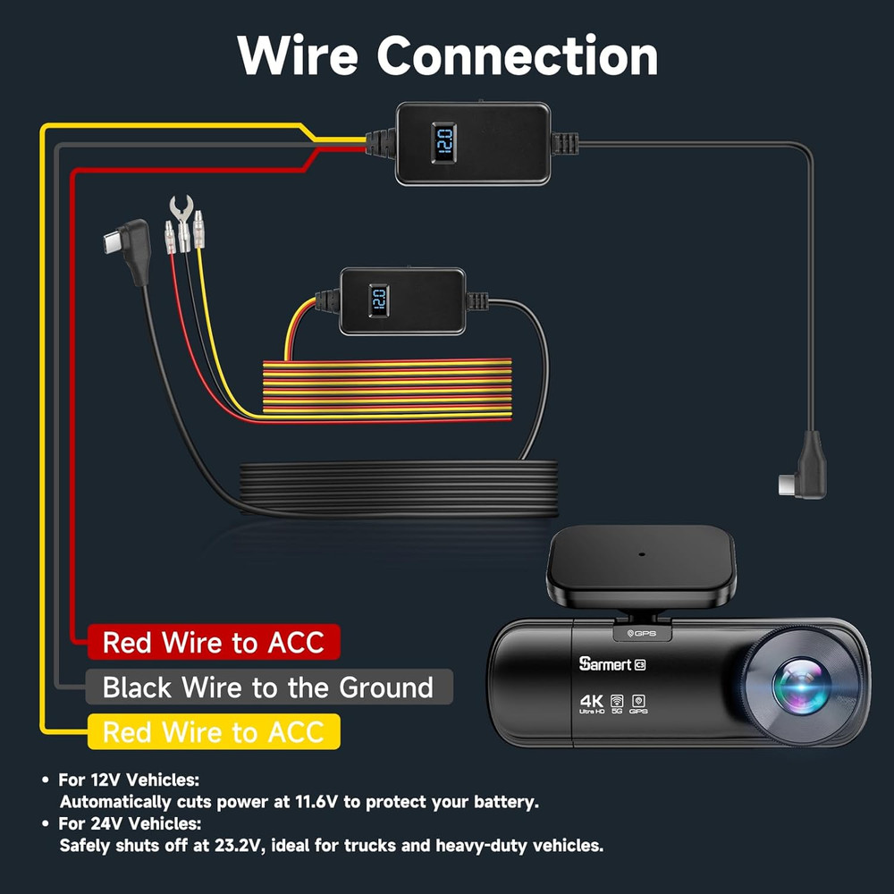 Dash Cam Hardwire Kit Voltage Indicator Dash Cam Front Rear USB C Power Port Low