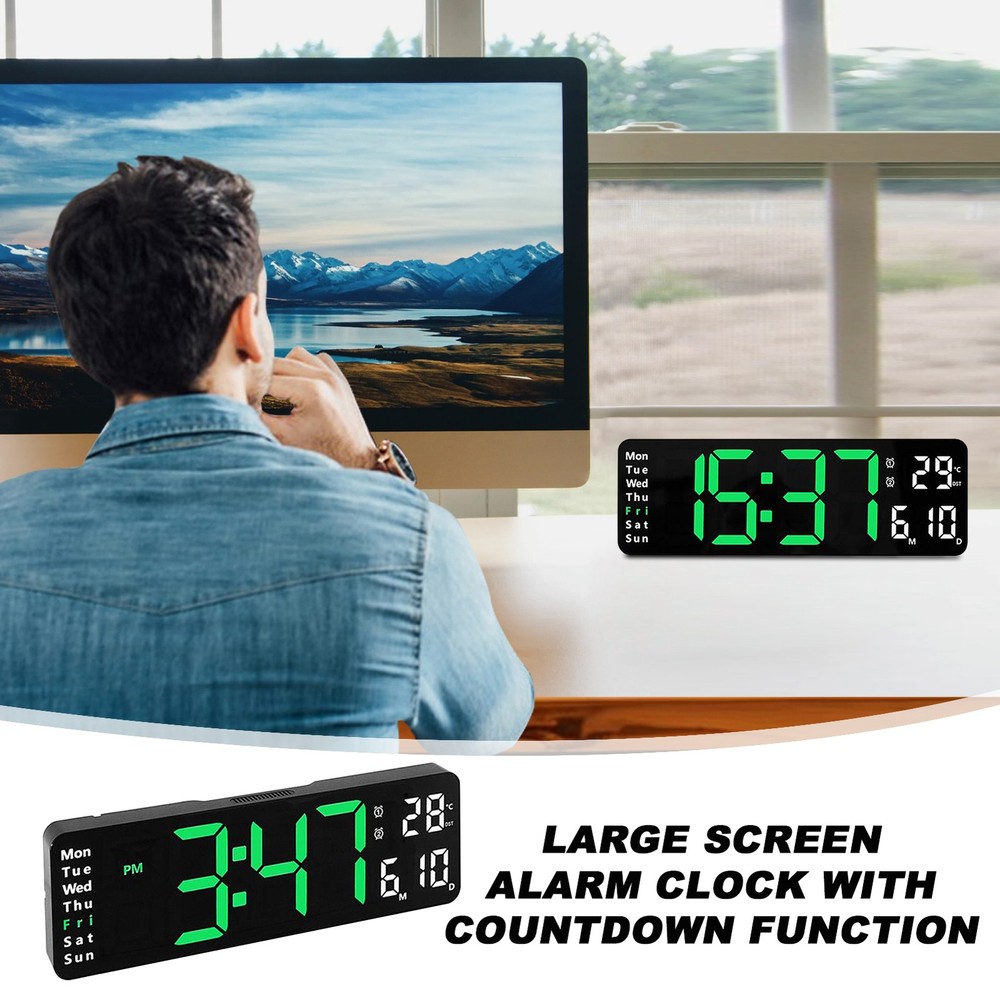 12.6" Digital Wall Clock with Countdown Timer, Week, Date, Temperature, Time