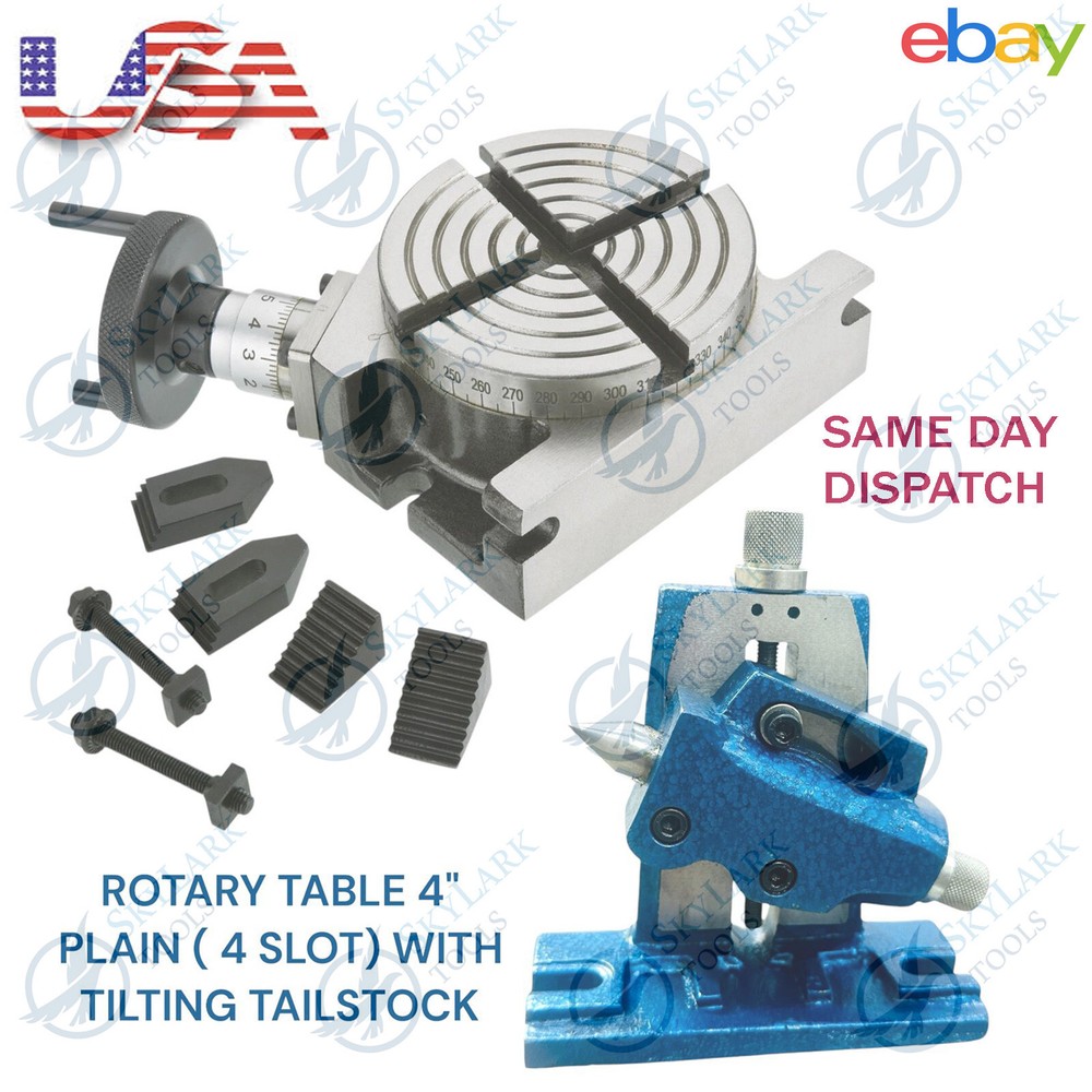 Adjustable Tilting Tailstock & 4" inch 100mm Rotary Table Plain, Clamping Kit M6