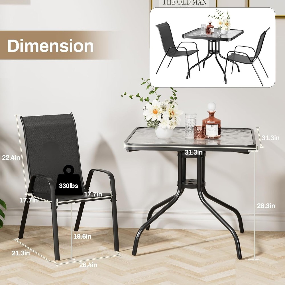 Outdoor Patio Dining Set with 4 Stackable Textilene Chairs and Square Table