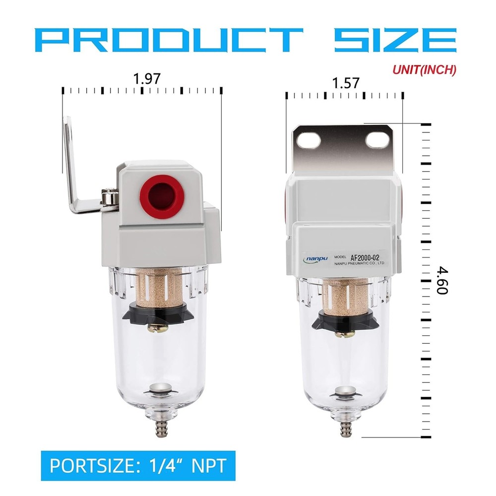 1/4" NPT Compressed Air Line Filter, 5 Micron Brass Element, Bracket, Poly Bo...