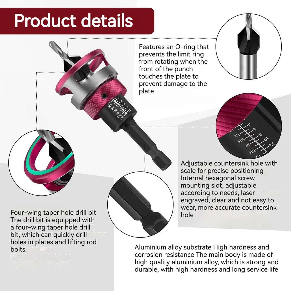 6PCS Hex Shank Countersink Drill Set Adjustable Depth for Hand Drill Bench Drill