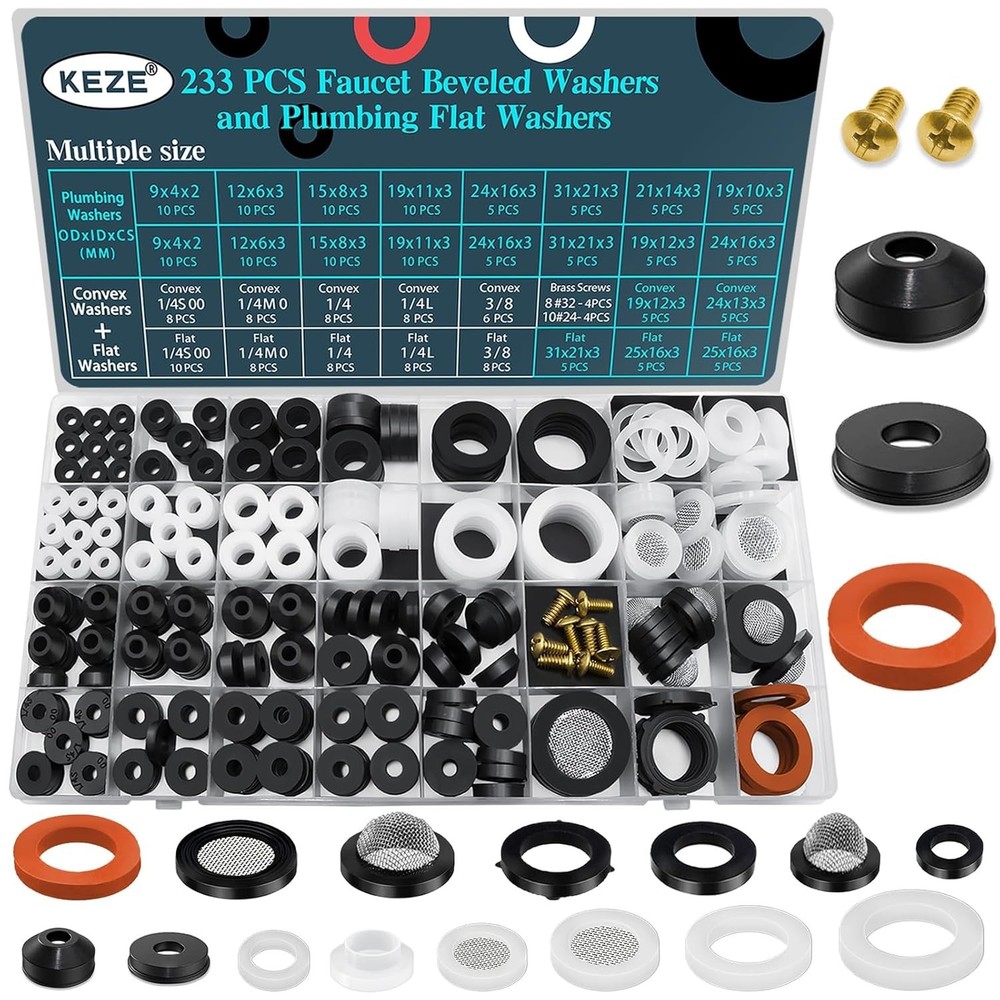 KEZE 233 Pcs Plumbing and Faucet Washers Assortment Kit for Black White Red