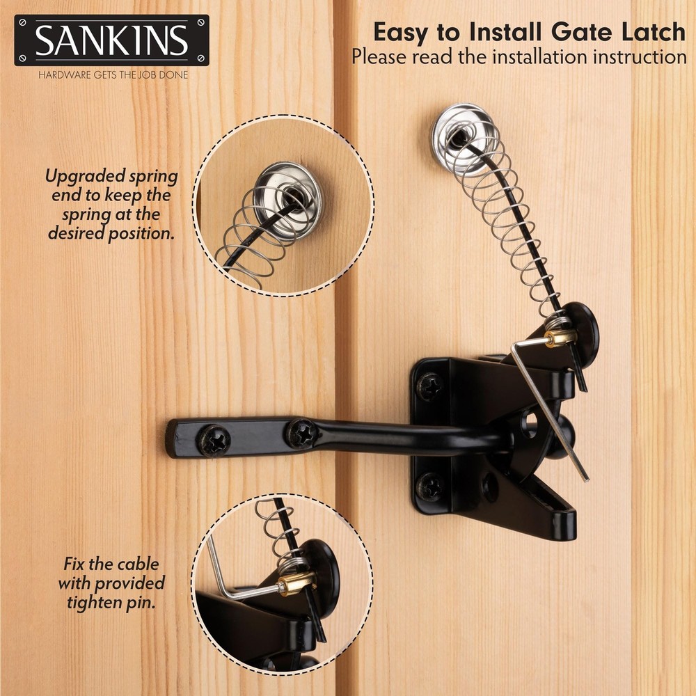 2 Pcs Self-Locking Gate Latch with Spring Cable Pull for Wooden Fence Gate He...