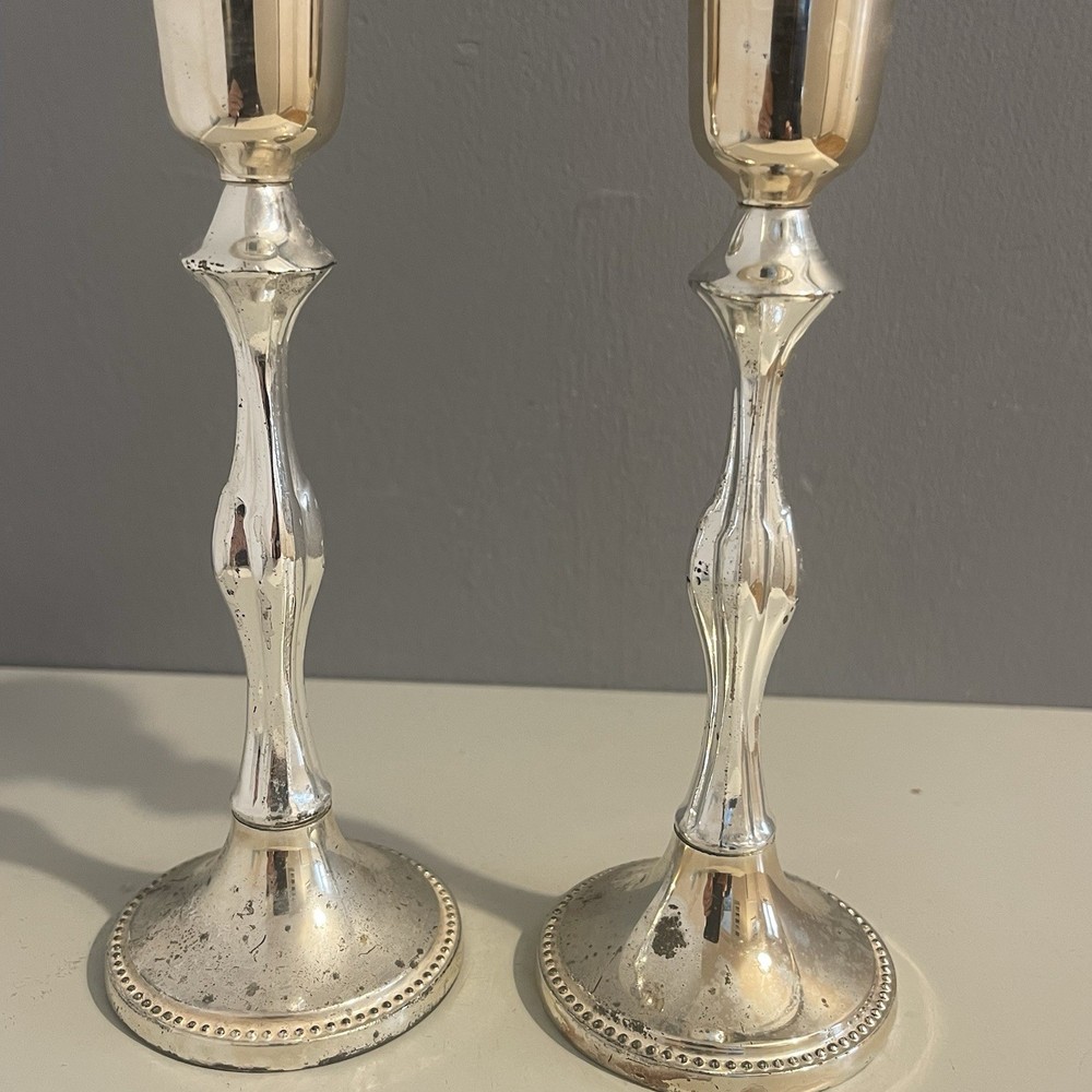 Vintage Mayell Candlesticks Silver Plated Matching Pair Two Removable Base Top