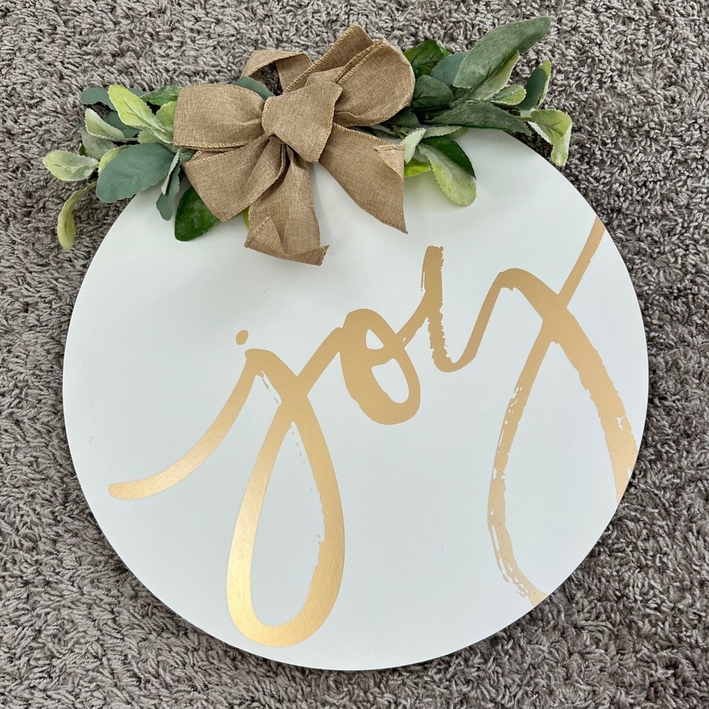 Round Wood Wall Hanging Decor White Gold Joy Script Rustic Burlap Bow Eucalyptus
