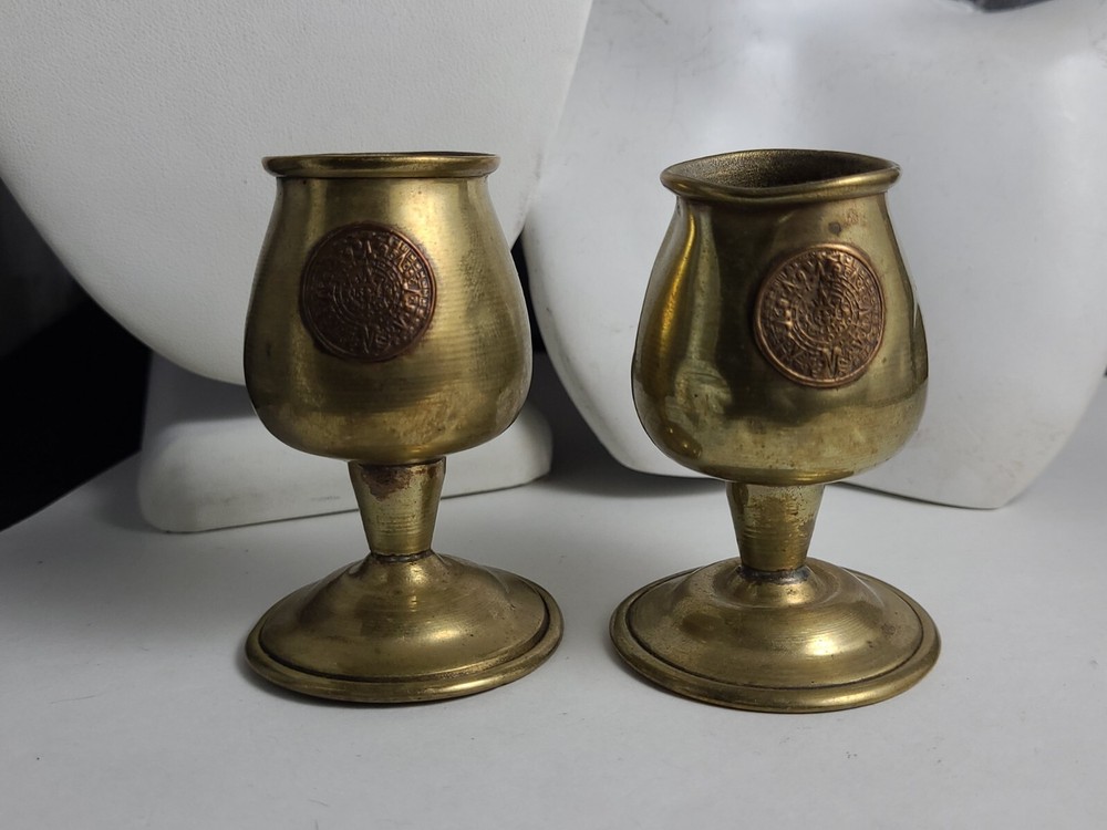 Vintage Pair Aztec Mini Goblets brass bronze