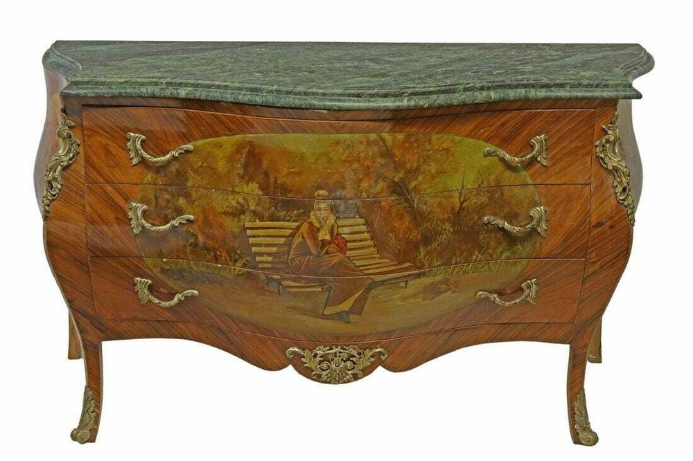 Antique Commode, Bombe, Louis XV Style Marble-Top, Brass Ormolu, 1900's!