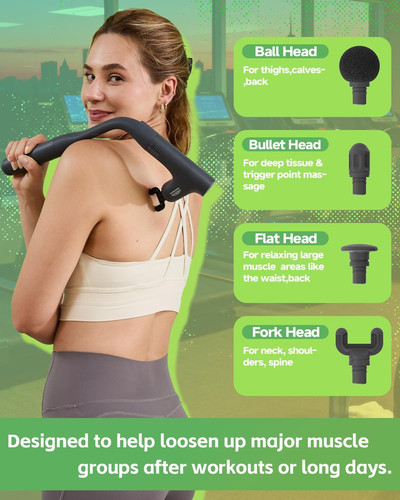 Convertible 3-in-1 Massage Gun Deep Tissue with Extended Handle, Back Grey