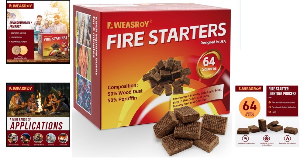 64 Safe Fire Starter Blocks - Easy, Odorless Fire Ignition for Fireplace & Grill
