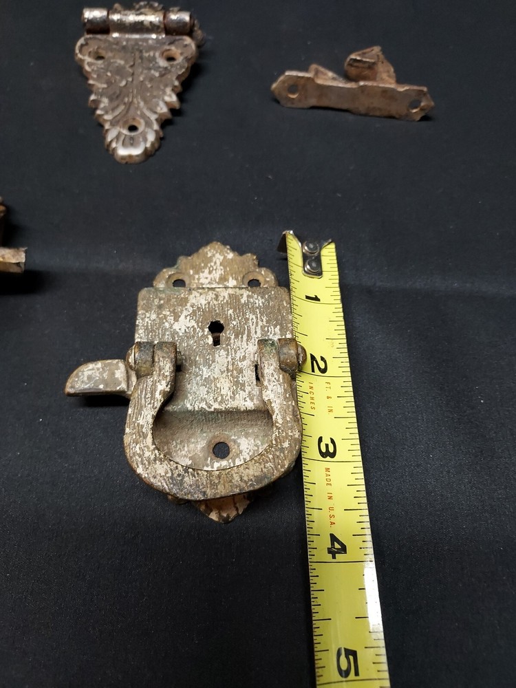 Old Patd 1897 Cast Brass Ice Box Refrigerator Cabinet Latch Lock Hardware LOT