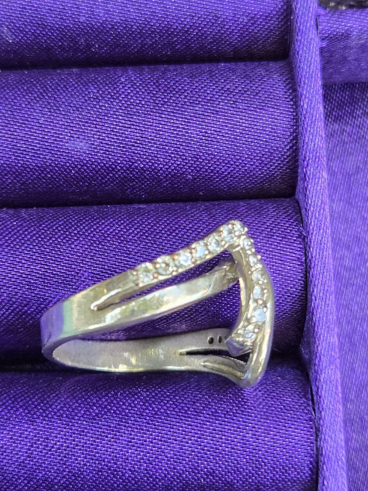 Complex Silvertone Ring Split Double Band Plain & Clear Stones Sz 10 Signed JCI