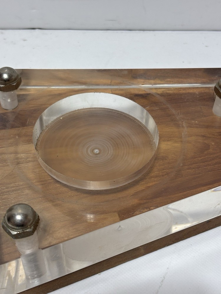 MCM Coaster Ash Tray & Table Lighter Clear Thick Plastic Teak Wood Set