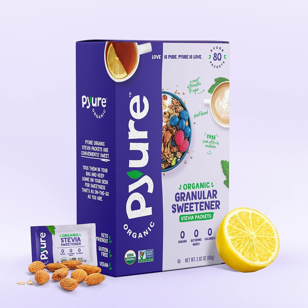 Pyure Organic Stevia Packets Sugar Substitute Zero Carb, Zero Calorie, 80 Count