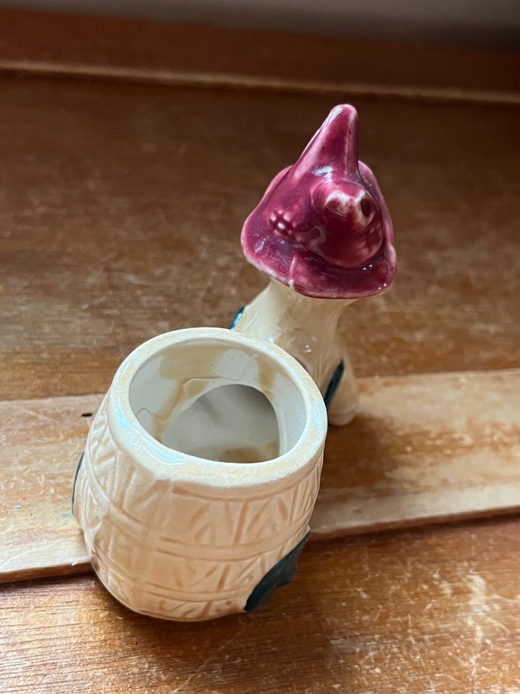 Vintage Small Tan Donkey w Cranberry Hat Pulling Barrel Wagon Pottery Ceramic