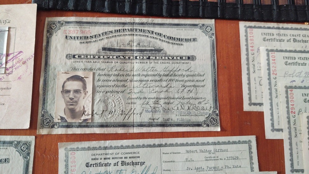 WW2 Document Grouping Robert Gifford Dept Commerce /Coast Guard , Egypt Pass