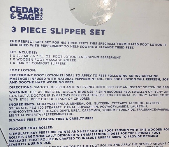 Cedar & Sage for Men 3 Pcs Slipper Set For Dad Includes Lotion & Msg Roller NIB