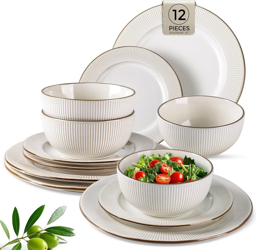 Ceramic Dinnerware Sets,12 pcs Embossed Elegant Stoneware Plates & Bowls Sets