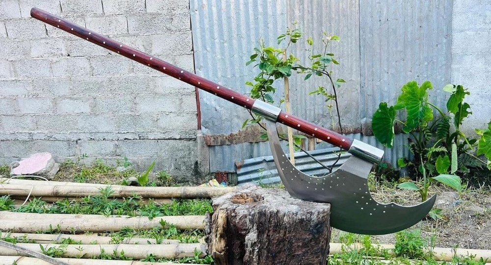 Custom Handmade Blade Large Bardiche Pole Axe Blunt Axe, With Leather Sheath