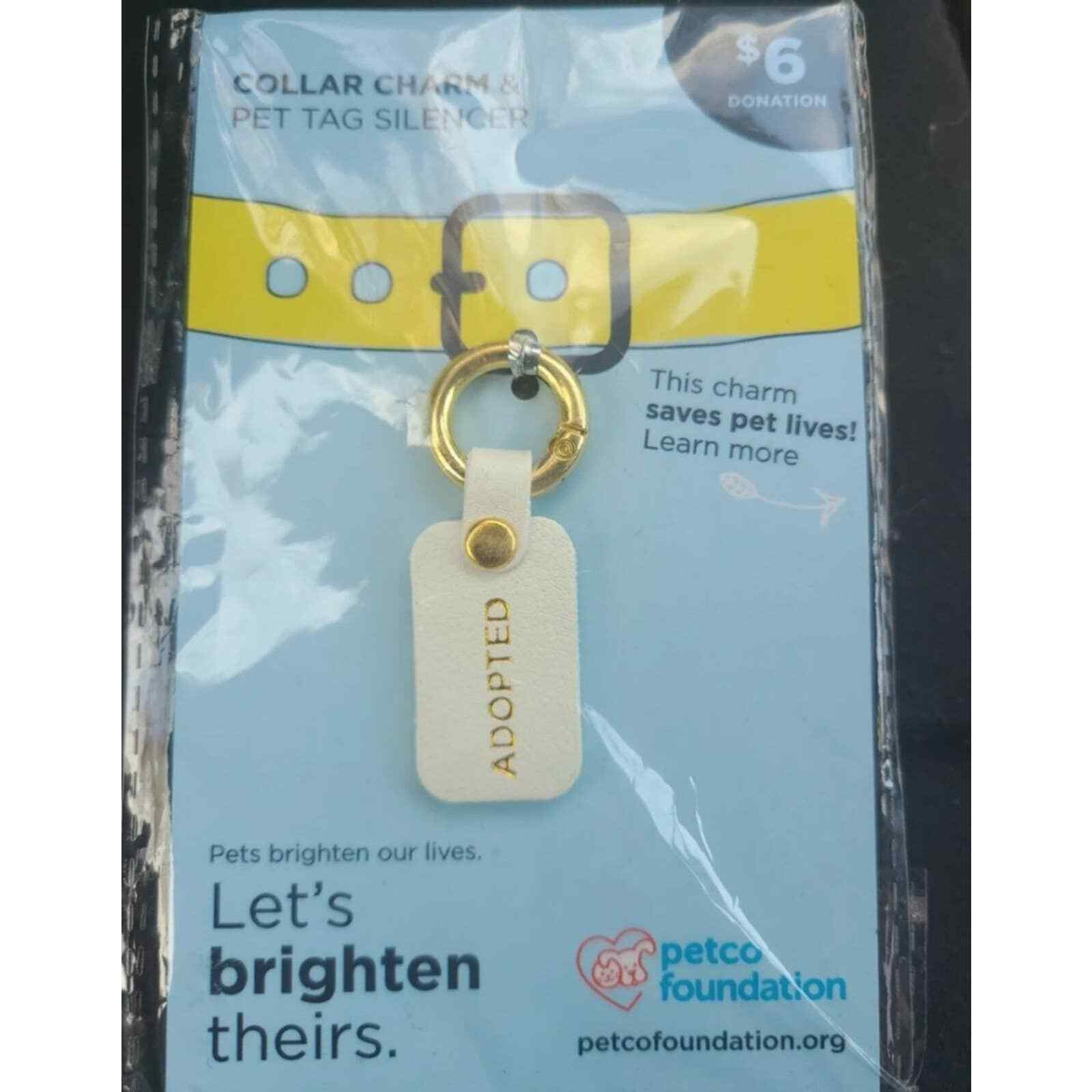 Pet Collar Charms "Adopted" Gold Print on White Tag With Gold Clasp Tag Silencer