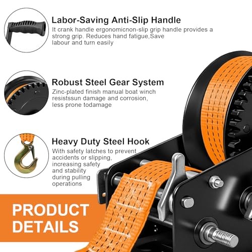 Boat Trailer Winch Heavy Duty Hand Winch with 33FT Polyester Strap, 3500lbs