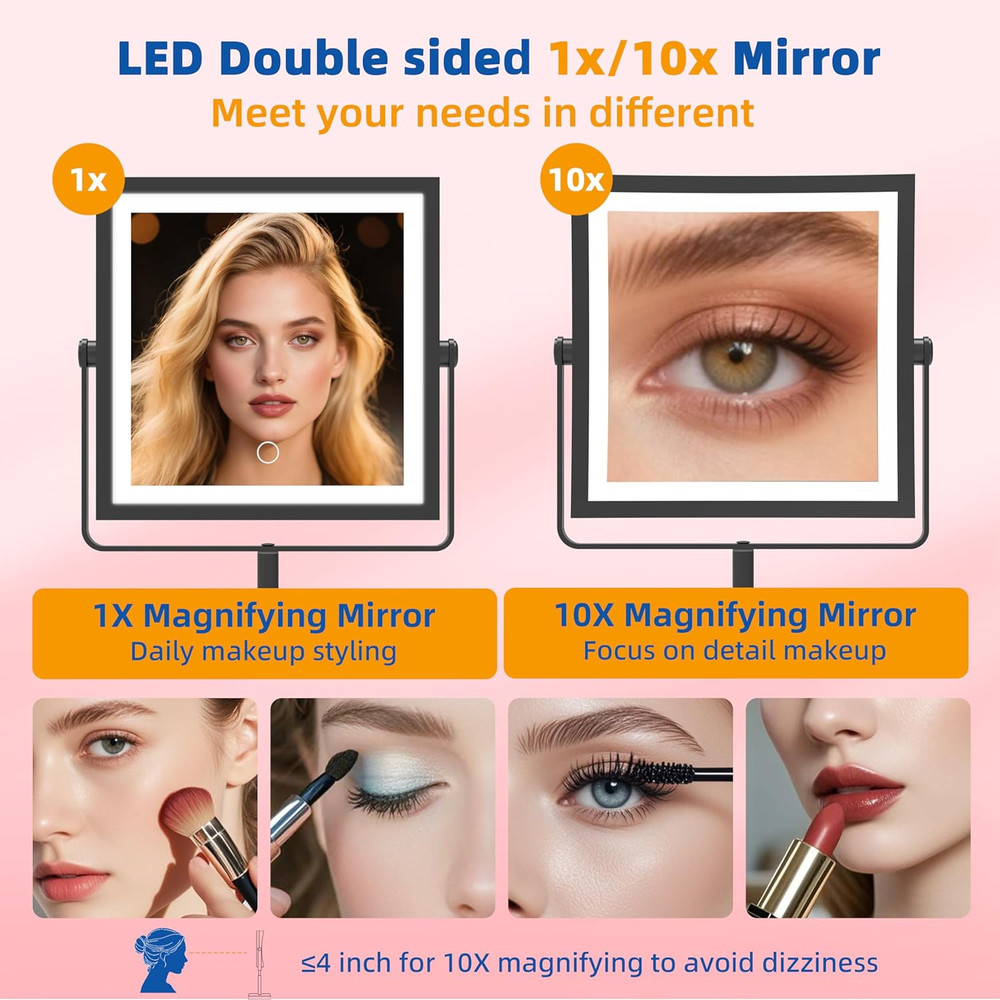 3 Color LED Vanity Mirror with Adjustable 1X/10X Magnification