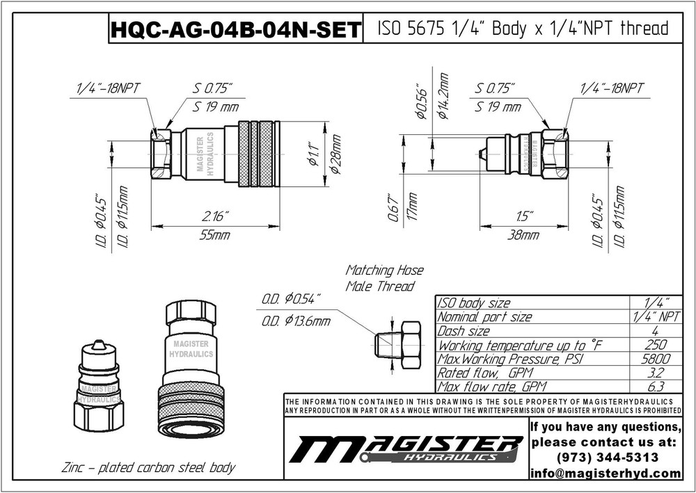 1/4″ AG Hydraulic Quick Couplers Set - 1/4″ NPT Thread