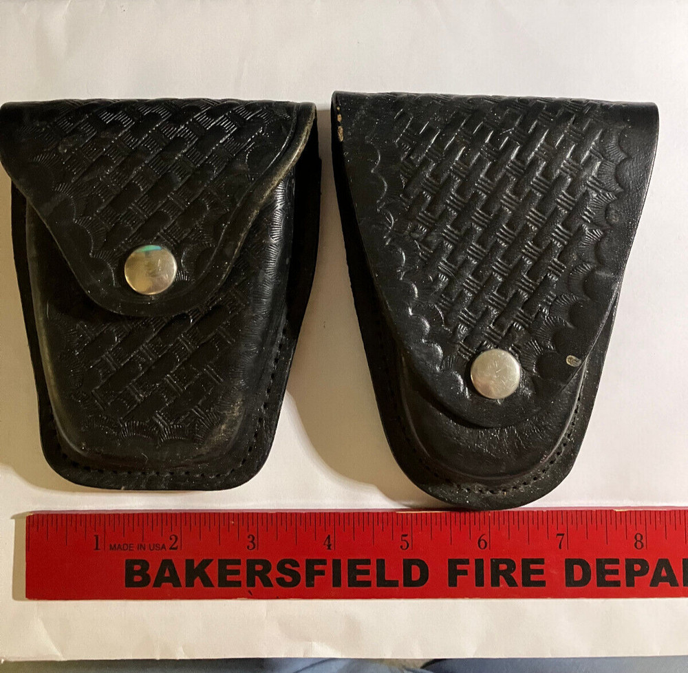 Two Black leather basketweave handcuff cases,VG