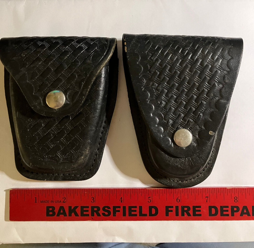 Two Black leather basketweave handcuff cases,VG
