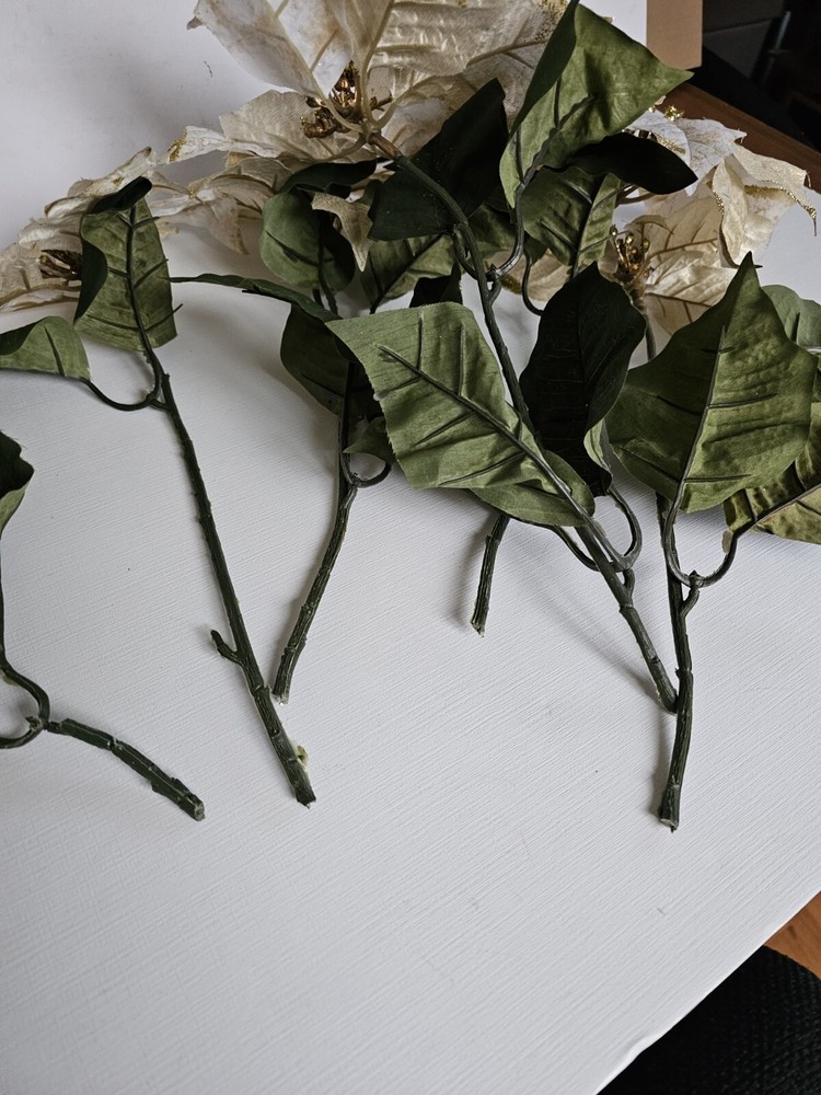Faux Gold White Poinsetta Bush & Bush Stems