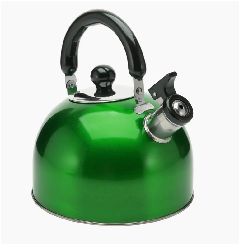Vibrant Metallic Green Whistling Tea Kettle by The Cutting Edge Kitchen