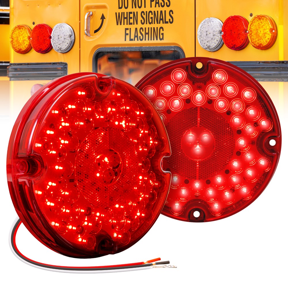 2pc 7" Round Red 47-LED Tail Light For School Bus Transit Vehicles Refuse Hauler