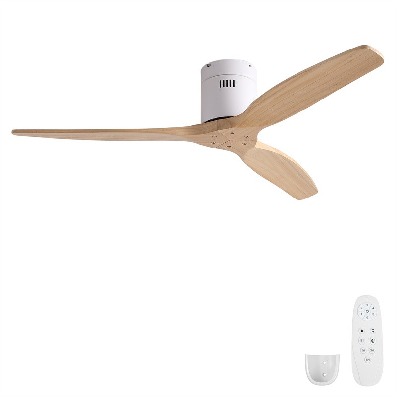 52 in Modern Flush Mount Solid Wood Ceiling Fan No Light Reversible with Remote