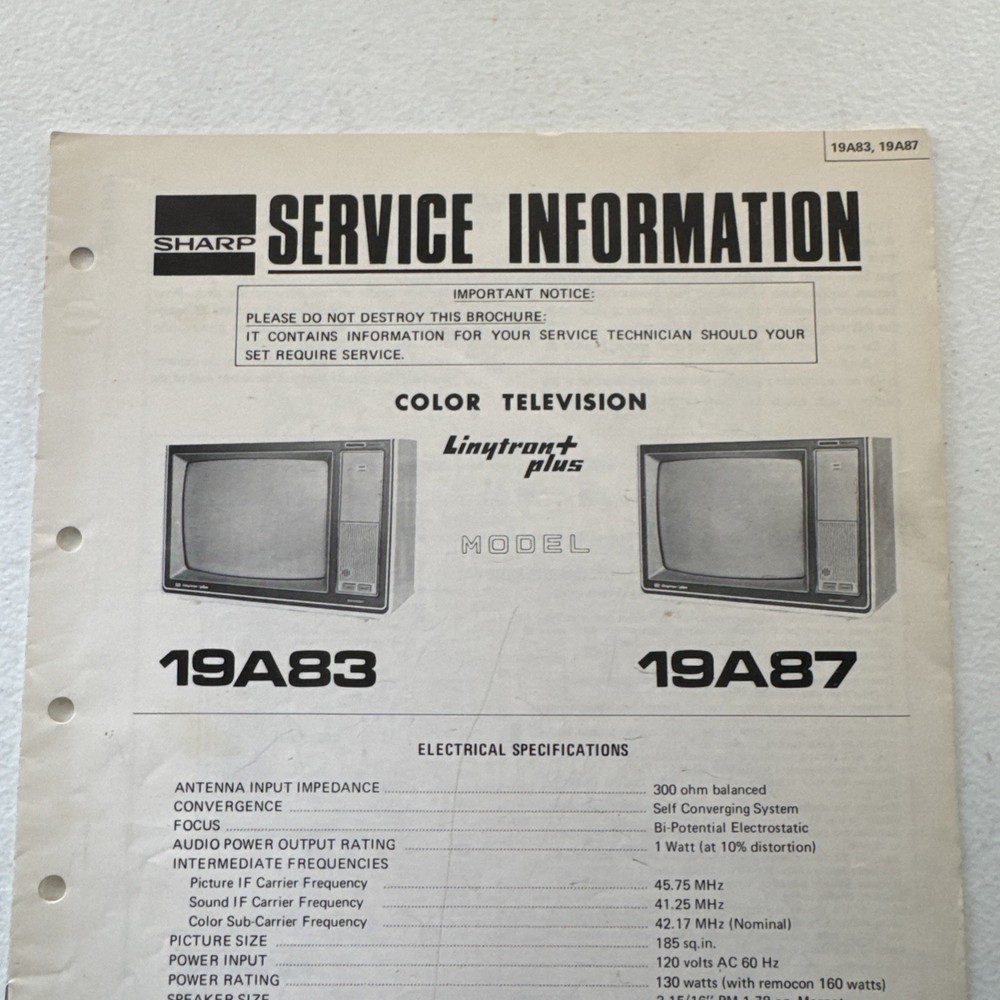 Sharp Color Television Linytront Plus Models 19A83 & 19A87 Service Manual