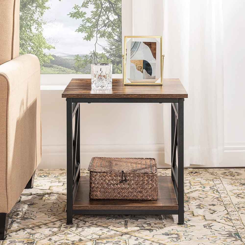 NEW Industrial End Table with 2-Tier Storage Shelf, 18'' Square Side Table wit