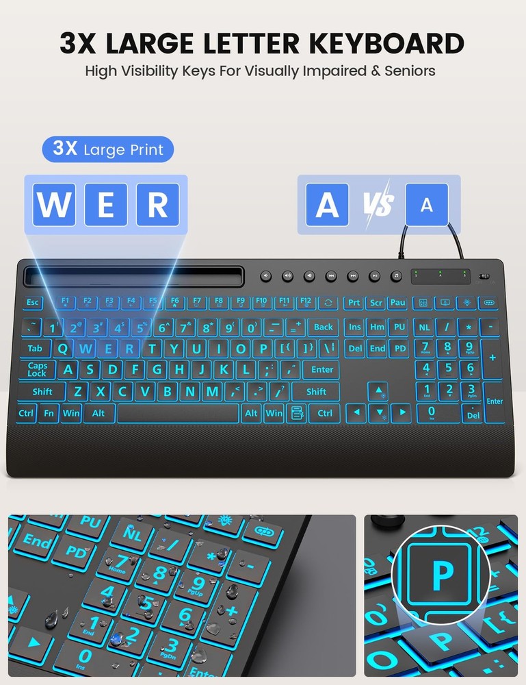SABLUTE Large Print Backlit Keyboard, USB Wired Computer Keyboard with Black