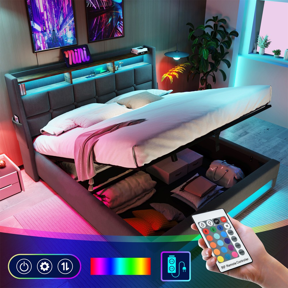 Queen Size LED Bed Frame Upholstered Platform Bed w/ Hydraulic Storage System