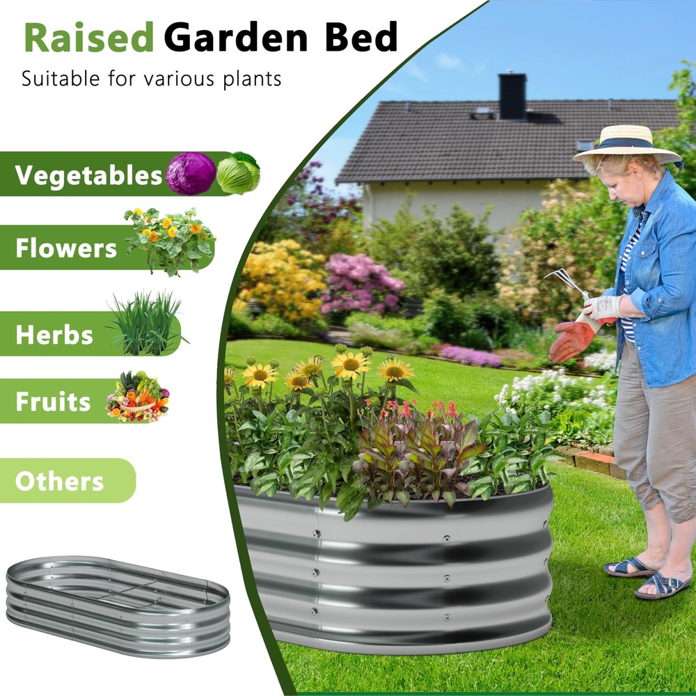 Foxlang 8x2x1ft(2 Pack) Galvanized Oval Raised Garden Bed, Silver