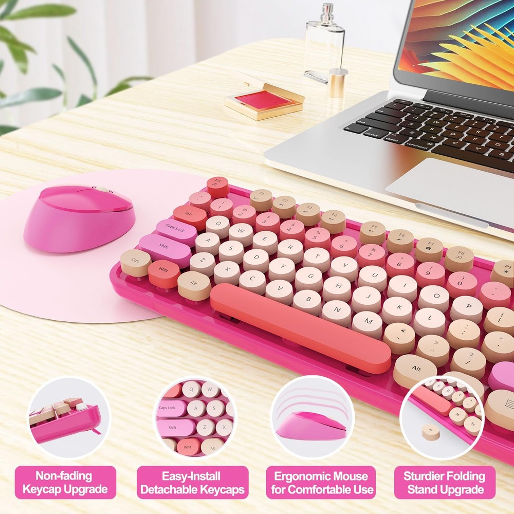 Red Wireless Keyboard Mouse Combo Full Size Retro Round Keycap PC Windows