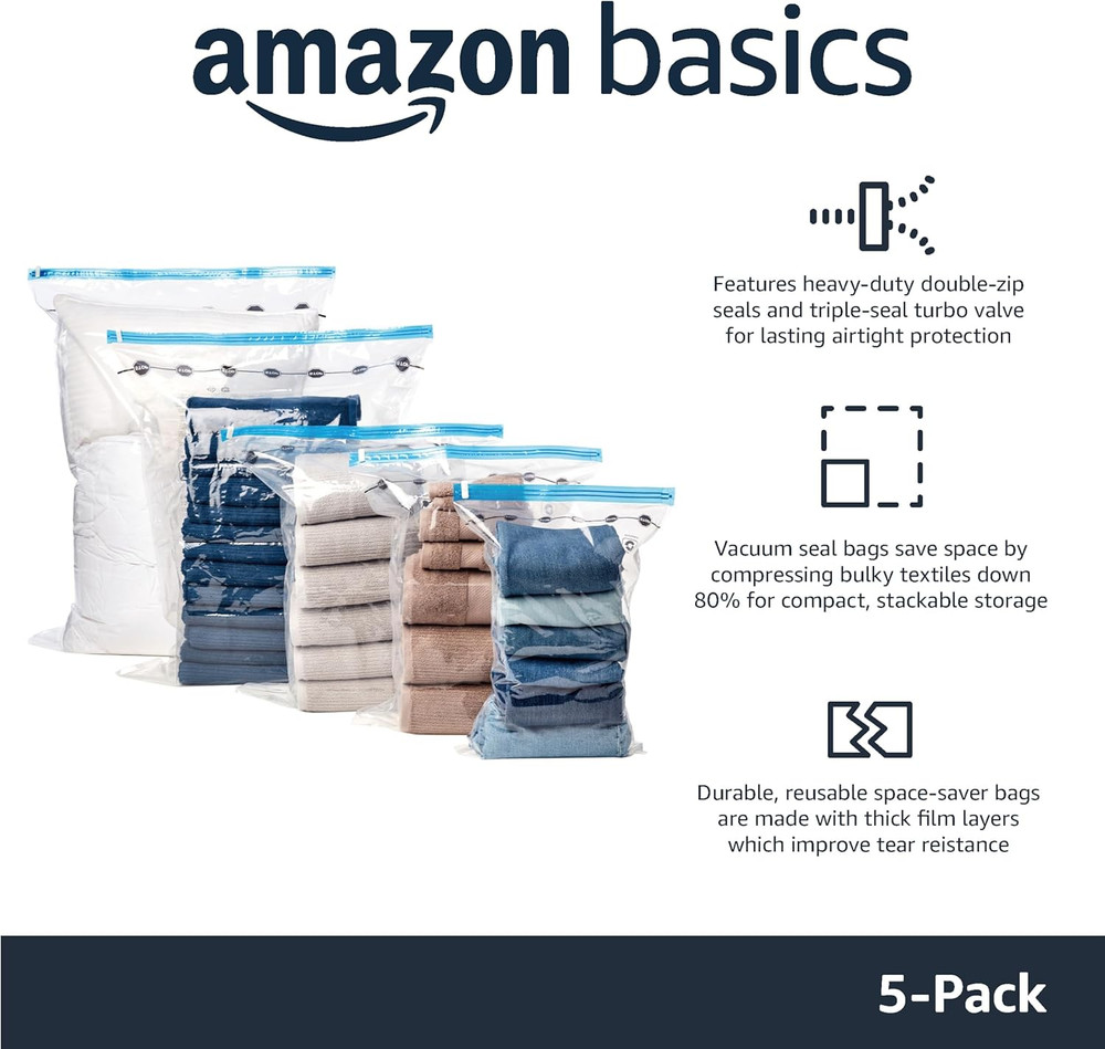 Vacuum Storage Bags for Clothes, Medium, 5-Pack, Compression Zipper, White/Sky B