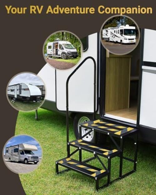 RV Steps with Handrail Heavy-Duty 3 Step Camper Entry Step Stairs for 3-Step