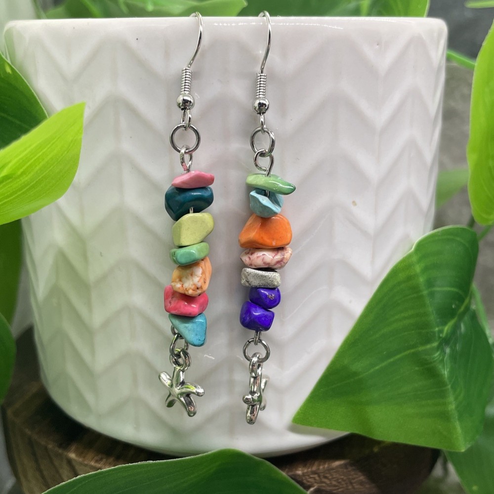 2.25” Earring Set Silver-tone Boho Stone Chips Dangle Drop New Starfish B7323