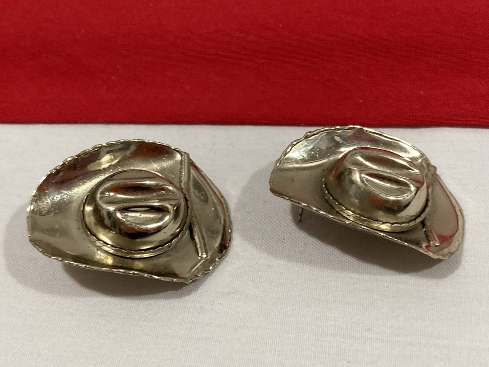 Vintage Cowboy Hat Shape WESTERN THEME Silver Toned Large Statement EARRINGS