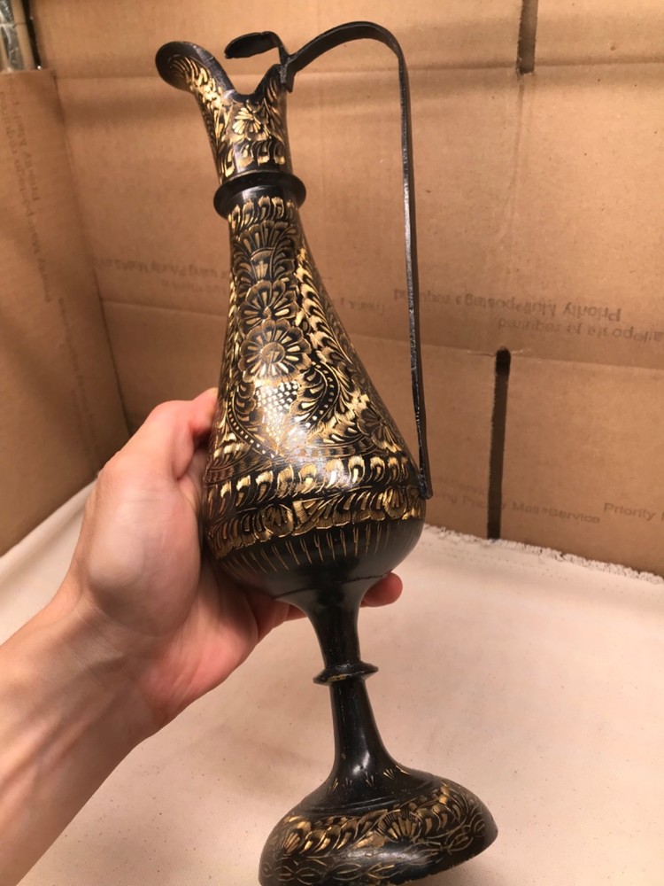 Bidriware style solid brass pitcher large engraved carafe vase