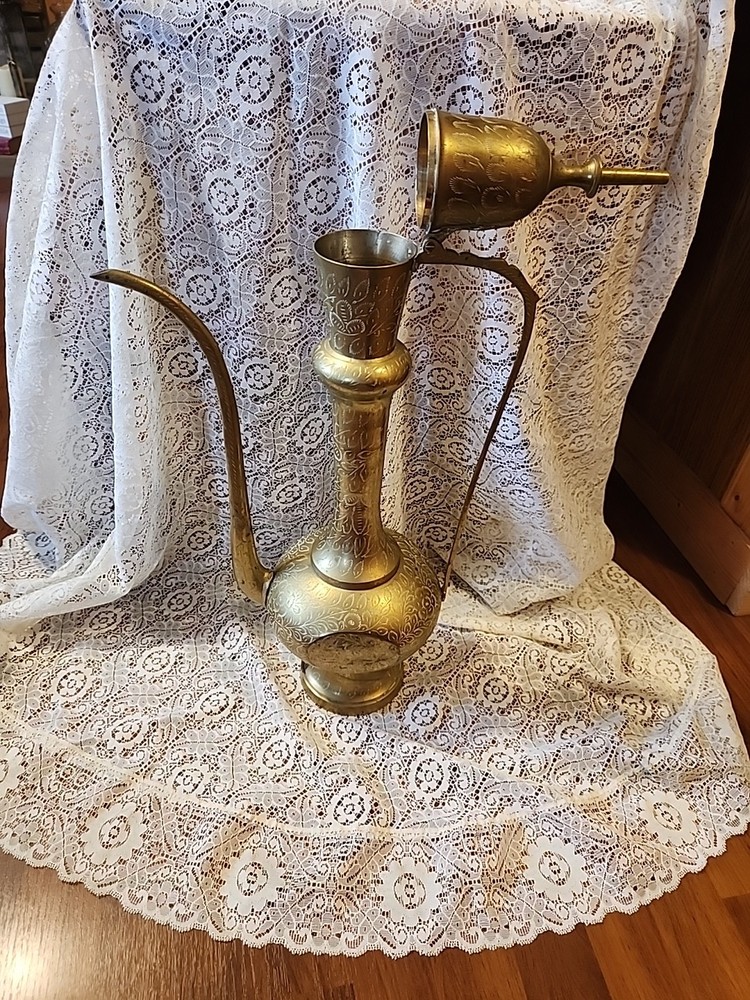Large Etched Antique Middle Eastern Solid Brass Tea Coffee Pot Pitcher Vase 18IN
