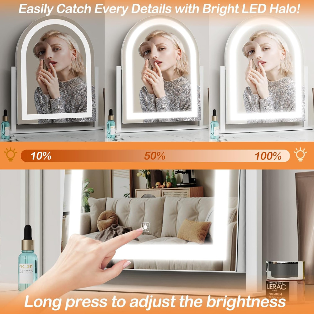 LED Arched Makeup Vanity Mirror with 10X Magnification and Smart Touch, Gold