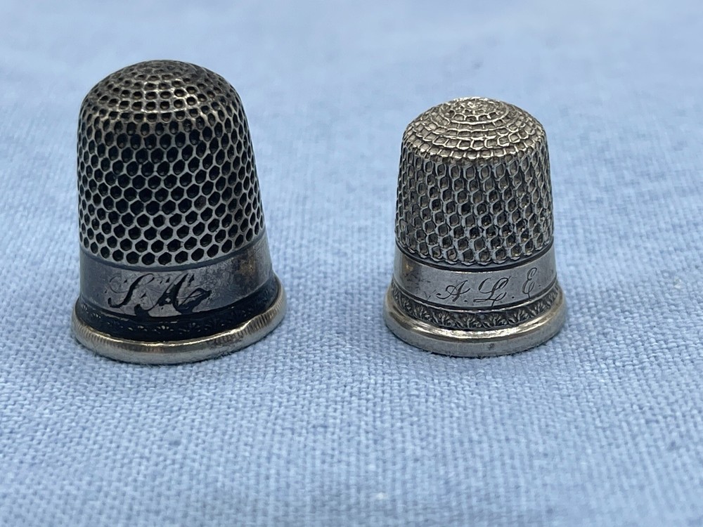 Antique Thimble Set Silver Engraved Initials # 1 S.A. & # 6  A.L.E