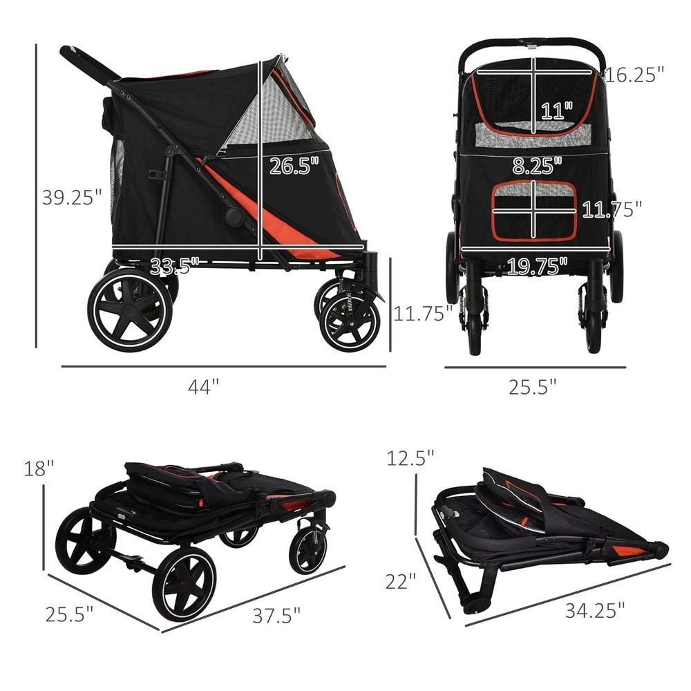 PawHut One-Click Foldable Dog Stroller for Medium Large Dogs, Pet Stroller Black