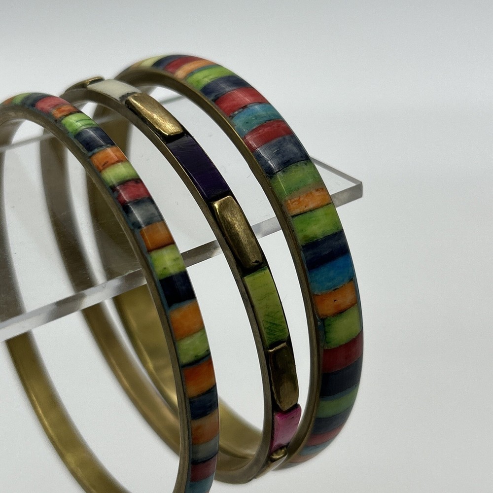 Vintage Brass Bangles Colourful Stripe Hand Dyed Trio Boho Hippy